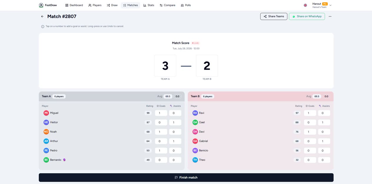 Live match score with goals and assists in FootDraw