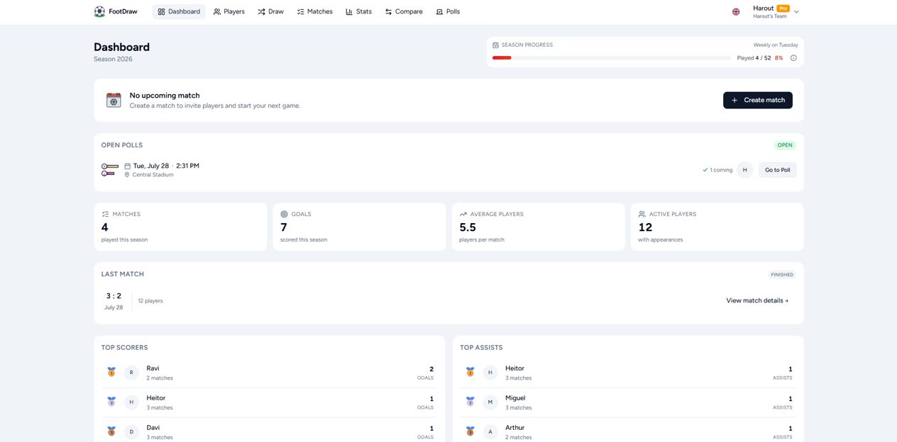 FootDraw players dashboard